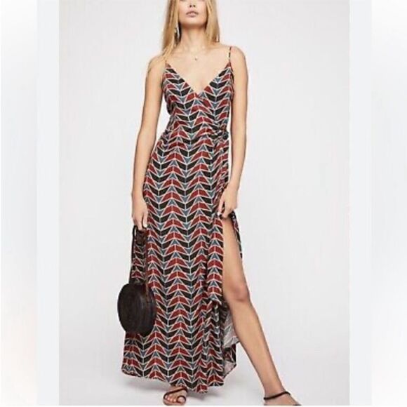 Free People Siren Ring Wrap Dress Maxi Side Tie Geo Printed - Picture 1 of 15
